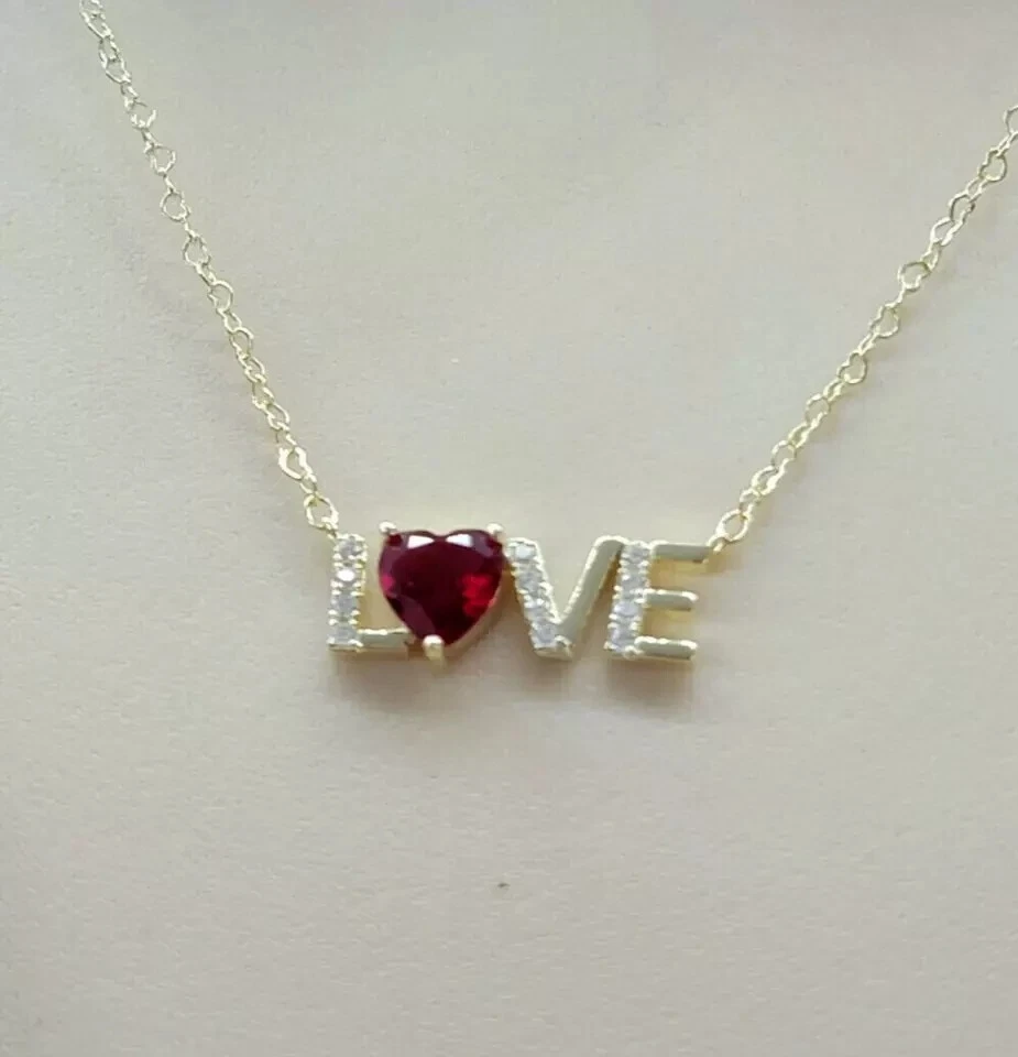 Женская цепочка с подвеской в виде сердца с имитацией красного рубина покрытие желтым золотом 14 карат 2 карата - Изображение 2 из 4