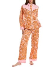 Room Service Pjs Women's Zebra Print Long Sleeve Notch Collar Satin Pant Pajama