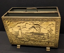 Vtg Peerage England Brass Magazine Rack Windmill & Sailboat Scene 12"Hx16"Wx8"D