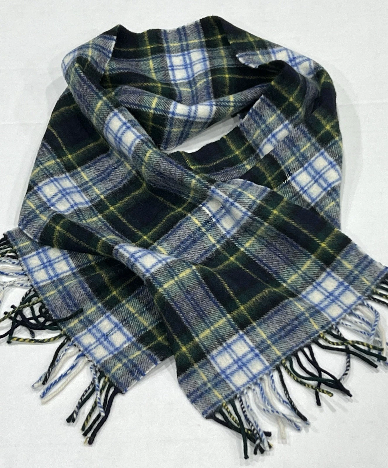 JOHN HANLY Lambs Wool Plaid Scarf Green Blue Fringes Ireland