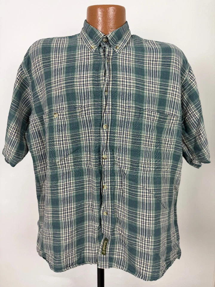 Vintage 90s Timberland Shirt Men M Oversized Linen Blend Teal Button Down Travel - Image 2 of 4