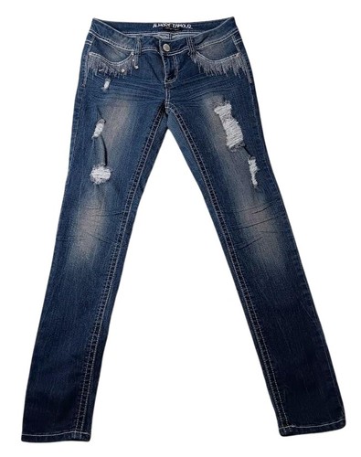 Almost Famous Jeans Juniors 7 Blue Distressed Skinny Rhinestone Stud Denim Pants