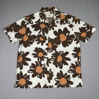Folk Clothing Hawaiian Shirt Men s Medium Brown Orange Daisy Floral Camp Collar