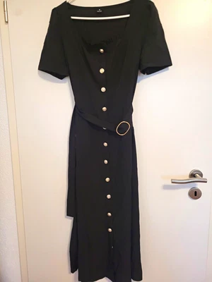 Shein Damen Maxikleid Schwarz Midi Kurzarm Knopfleiste Gürtel M - Bild 1 von 4