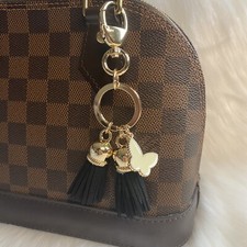 Butterfly Black Tassel Bag Charm Keychain Key Fob Metal Stone Keyring Gold