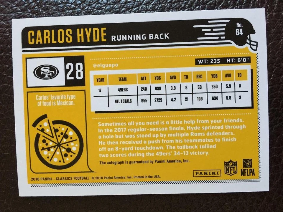 CARLOS HYDE AUTOGRAPH CARD 2018 PANINI CLASSICS AUTO 03/25 49ers Rare - Image 2 of 2