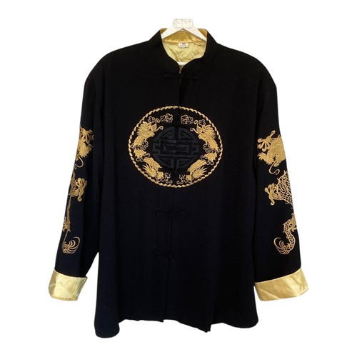 Chaqueta Tang Asiática Unisex Talla XXXL Bordada Dragones Forrada Dorado Sobre Negro SEDA - Imagen 2 de 12