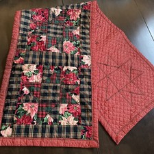 quilted red gold green plaid poinsettia table runner