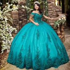 Glitter Green Quinceanera Dresses Ball Gown Applique BirthdayParty Dress Sweet16