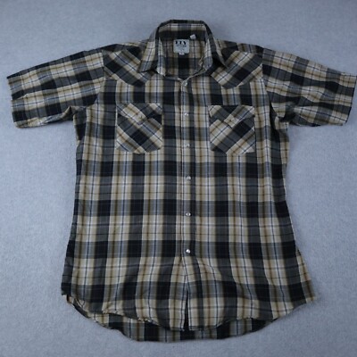 Ely Cattleman Shirt Mens Medium Western Cowboy Pearl Snap Tan Plaid Short Sleeve