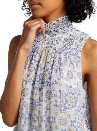 Joie Women's Mika Smocked Silk Blue Turtleneck Top Clematis Multi Sz M $228 NWT - Picture 3 of 6