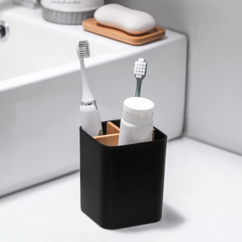 Black Bamboo Bathroom 3 Slots Counter Organizer Electric Toothbrushes Holder - Picture 3 of 6