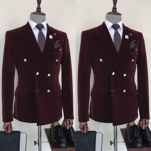 2Pcs Men's Burgundy Suits Velvet Double Breasted Blazer Evening Party Tuxedos - Picture 1 of 13