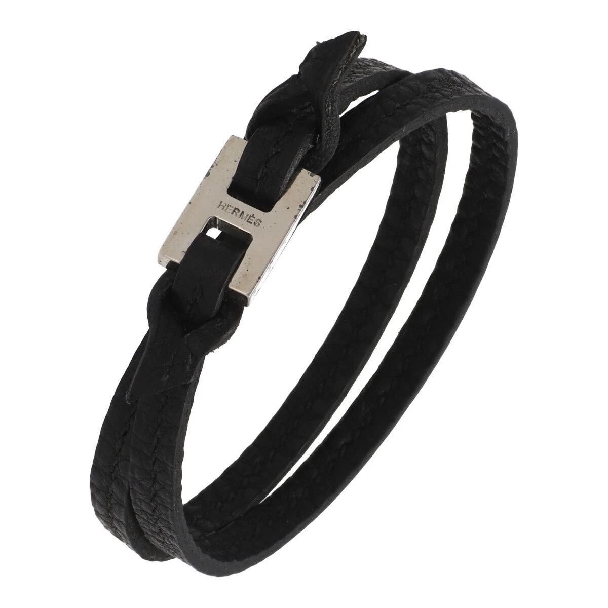 Used HERMES Double Leather Bracelet Double Wrap Silver black