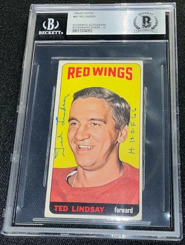 TED LINDSAY SIGNED 1964-65 TOPPS #82 RED WINGS CARD BECKETT AUTO GRADE 10 053