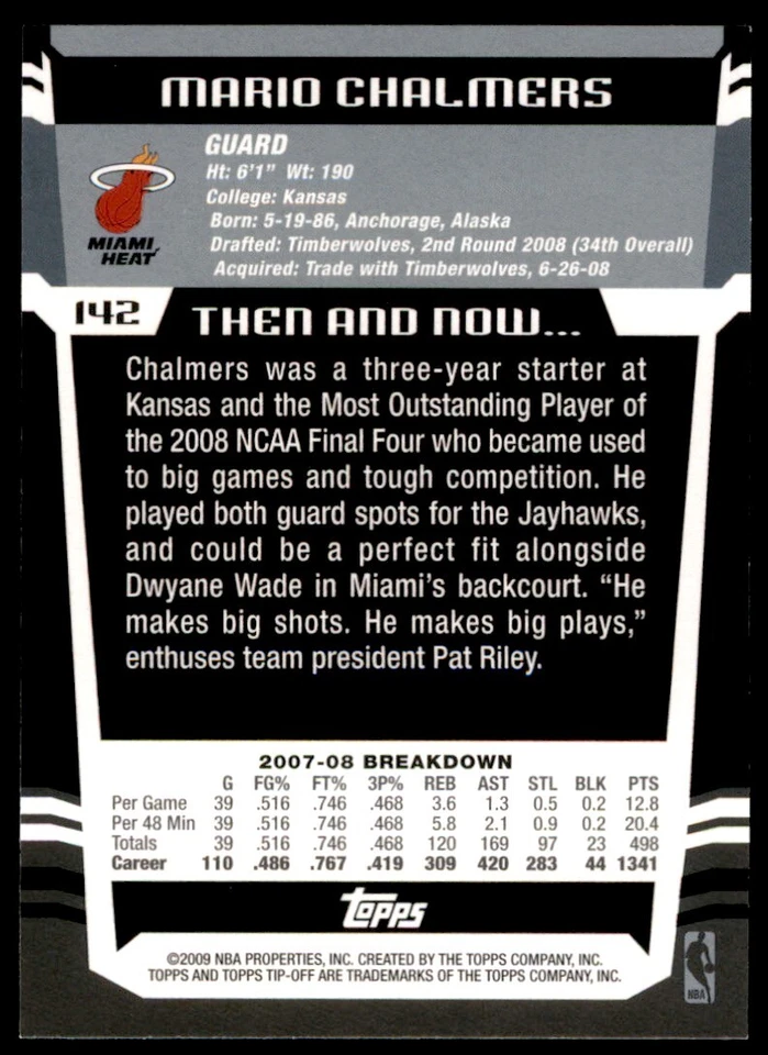 2008-09 Topps Tipoff Red Mario Chalmers Miami Heat #142 - Image 2 of 2