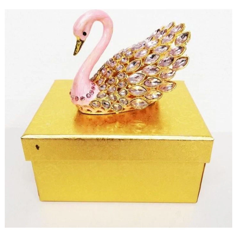 Portagioie Cigno Rosa in Metallo Smaltato 10x7,5 cm Scatola Portagioielli, fotografia 7 di 9
