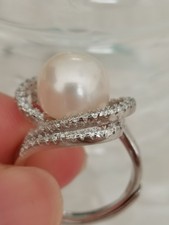 Gorgeous HUGE AAAA 11-12mm Genuine Natural South Sea white Stud Pearl Ring 925S