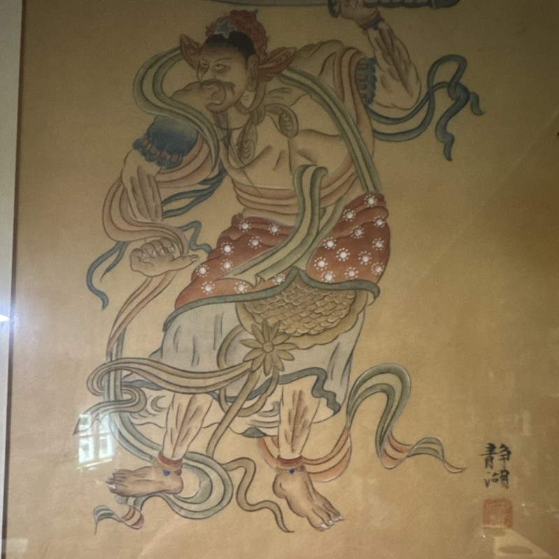 Chinese Warrior Figure Painting Scrolls with Calligraphy, Seal, Red Green Brown