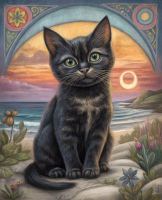 8x10 Cat On Beach With Sunset In Background Art Print Wall Decor - 591359411