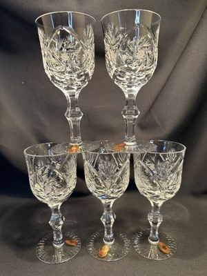 Vintage Dresden Lead Crystal Bleikristall Cut Glass Wine Goblet Set of 5 Germany