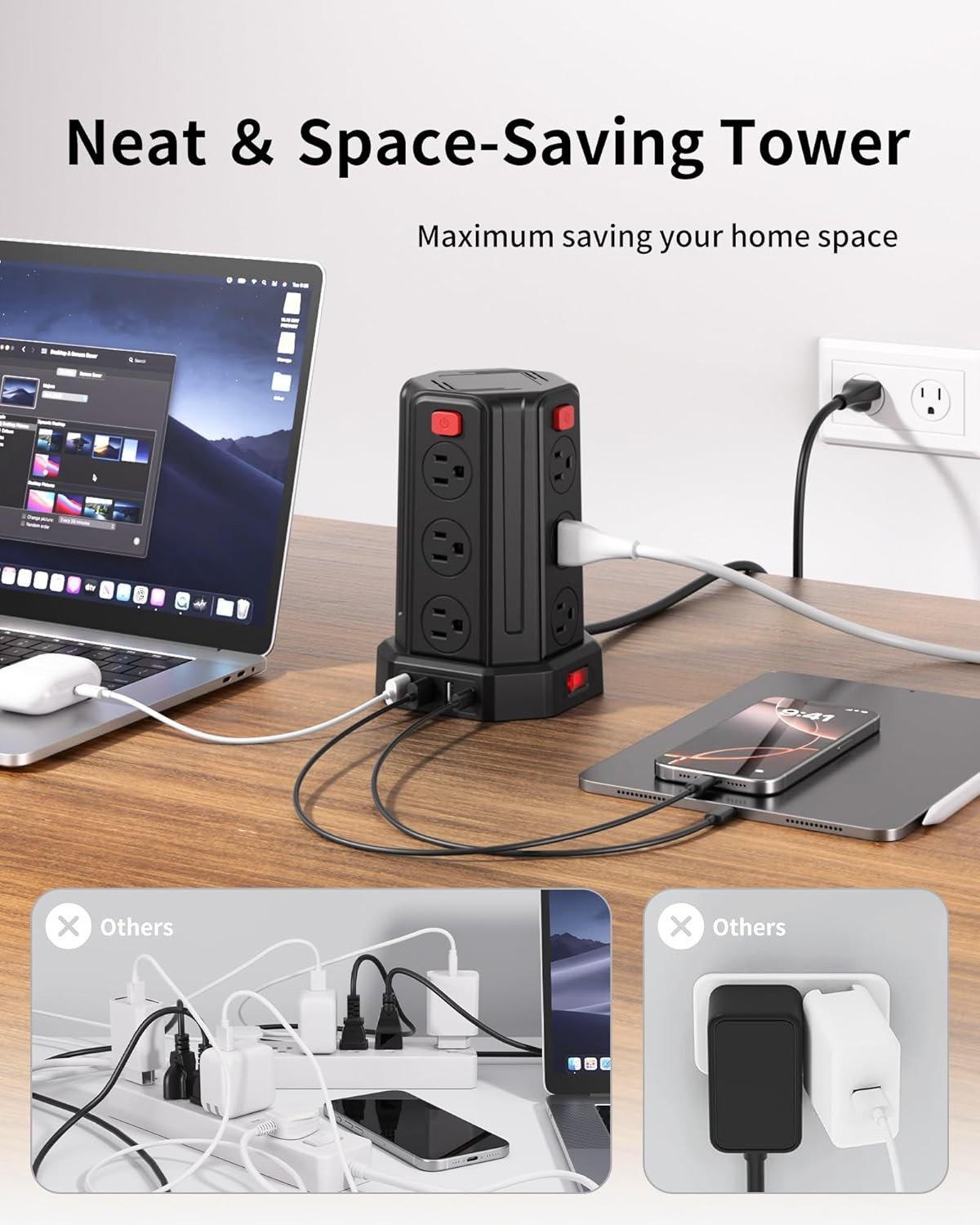 Power Strip Surge Protector, 6.5 Ft Extension Cord FT Standard, Black 