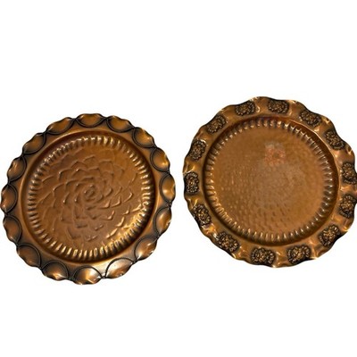 Vintage Gregorian Plates TWO Solid Copper Hammered 9.5  ~ Floral Rosettes & Rope