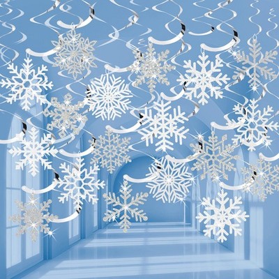 30 Pcs Winter Snowflake Hanging Swirl Decorations White Silver Christmas Glitter