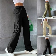 Pantalones cargo retro lisos para mujer cintura alta pierna recta pantalones longitud completa