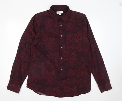 Express Herren Burgunderrot Blumen Extra Slim Fit Langarm Knopfleiste Hemd L