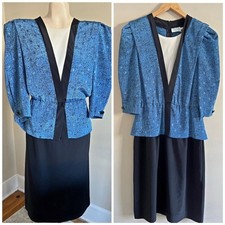 Vintage 80s Blue Peplum Puff Shoulder Dress Set Power Suit Career L