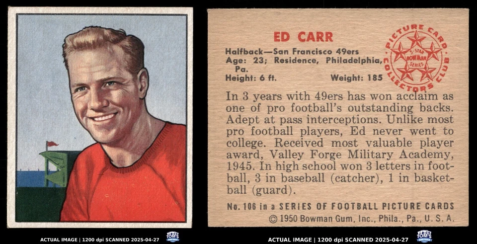 1950 Bowman #106 EDDIE CARR St. Louis Browns RC NM - Image 3 of 3