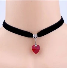 Black Velvet Choker w/ Red Heart Pendant Gothic Punk Necklace 85-1