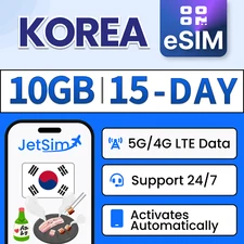 Korea eSIM - 10GB High-Speed, 15 Day JetSim/Travel SIM