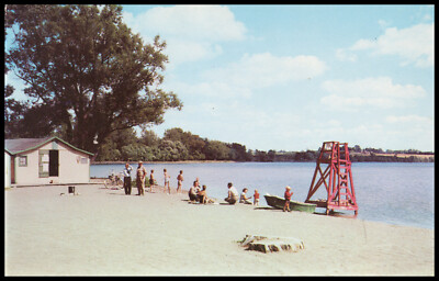 Geneva, New York, Seneca Lake Park, Swimmers on the Beach, Chrome Postcard