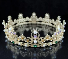 Fairy Queen Gold Metal Round Crown Rhinestone Crystal Faux Pearl C701