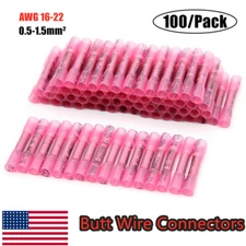100Pcs Red Heat Shrink Butt Wire Connectors Crimp Terminals AWG 16-22 Gauge US