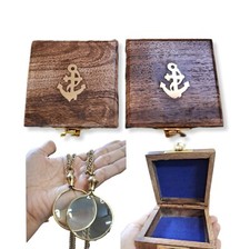 2 PCS Vintage Monocle Pendant Necklace Brass Magnifying Glass with Wooden Box