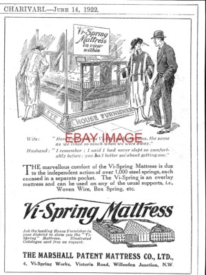 1922 Anzeige Marshall's VI-SPRING Patentbett Matratzen #4 Kleingedruckte Anzeige 743/115