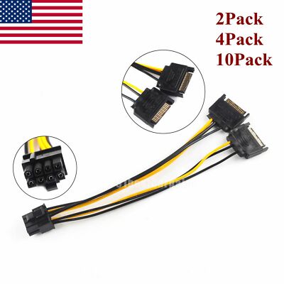 Dual 15Pin SATA Male To PCIe 8Pin (6+2) Male Video Card Power Cable US SHIP