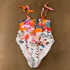 Women's Size Large White Tropical Print Lace Up Tie Strap One Piece Swimsuit NWT