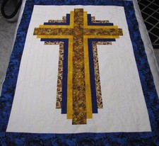 Quilt Top~Patchwork~Log Cabin Cross~PIECED~"Blue/Gold#1" Lap~Baby~Wall~30X40 USA
