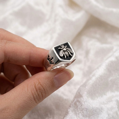 Bee Signet Men Women Crown King Queen Pinky Finger 925 Sterling Silver Ring