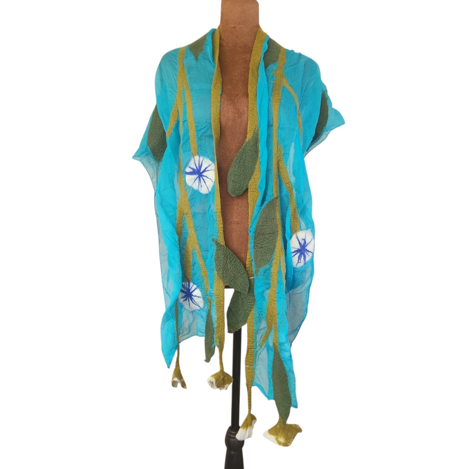 Felted Wool Long Scarf Chiffon Vine Floral BNB Made In Nepal Blue Green
Opens in a new window or tab
