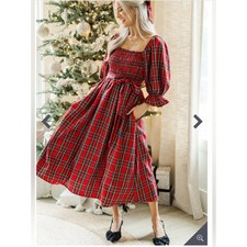 Shop The Mint All I Want Red Tartan Plaid Smocked Midi Dress Pockets Size S