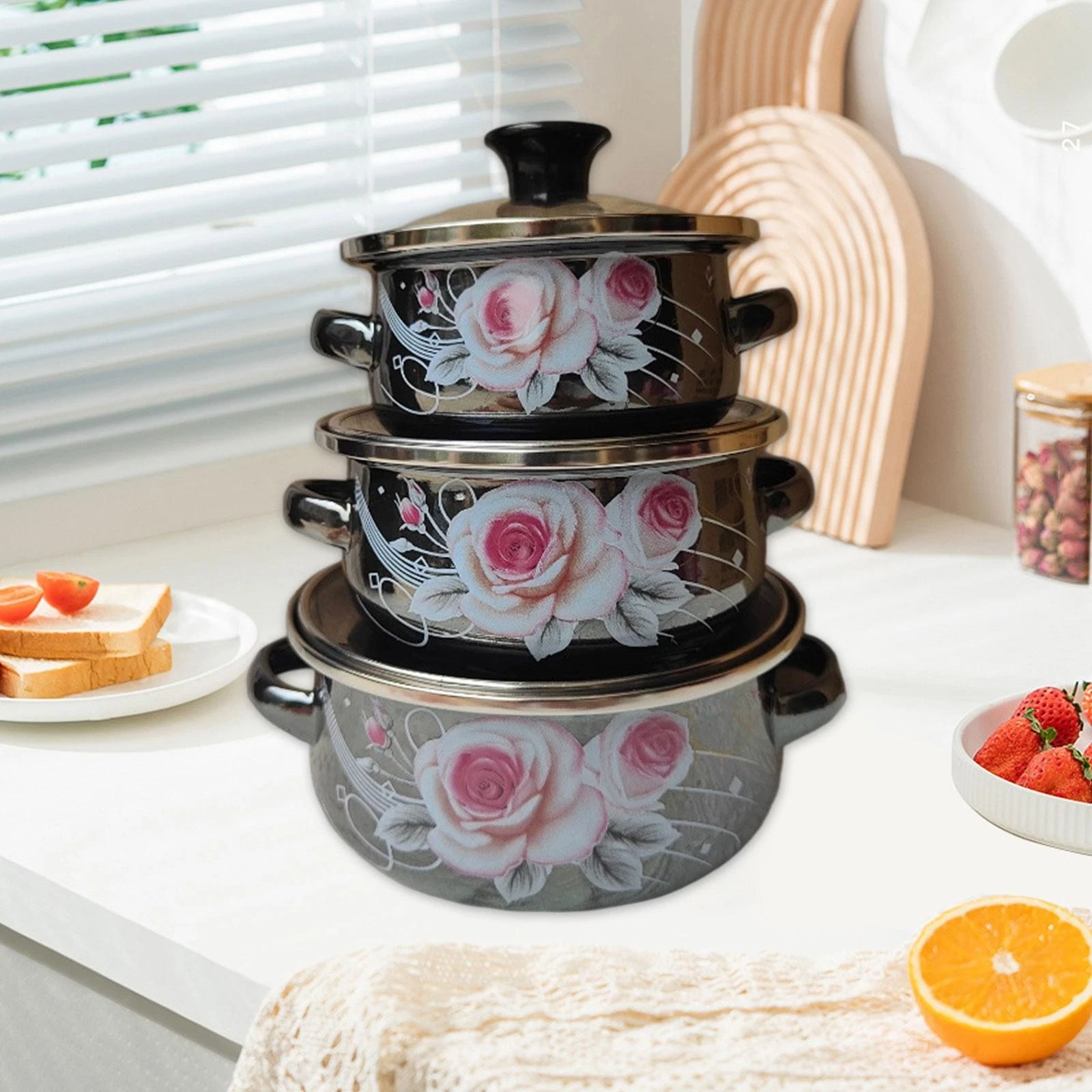 3Pcs Enamel Stockpots Flat Bottom Cooking Pots for Gift Household Restaurant