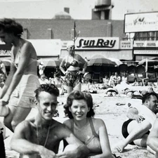 Vintage Photograph Woman in Swimsuit Taking on Beach Sun Ray 1950s -- Z1