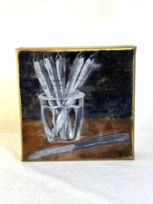 Original Painting Still Life Glass and Silver Butter Knives Vintage Moody Style