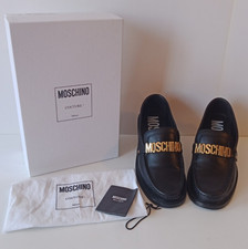 Moschino Women's Black Leather Loafers Gold Lettering Box Dust Bag EU 40 US 9