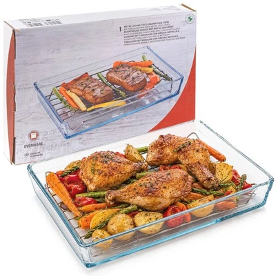 Rectangular Clear Glass Oven Dish Baking Roasting Cooking Tray With Metal Grate - Image 1 of 4